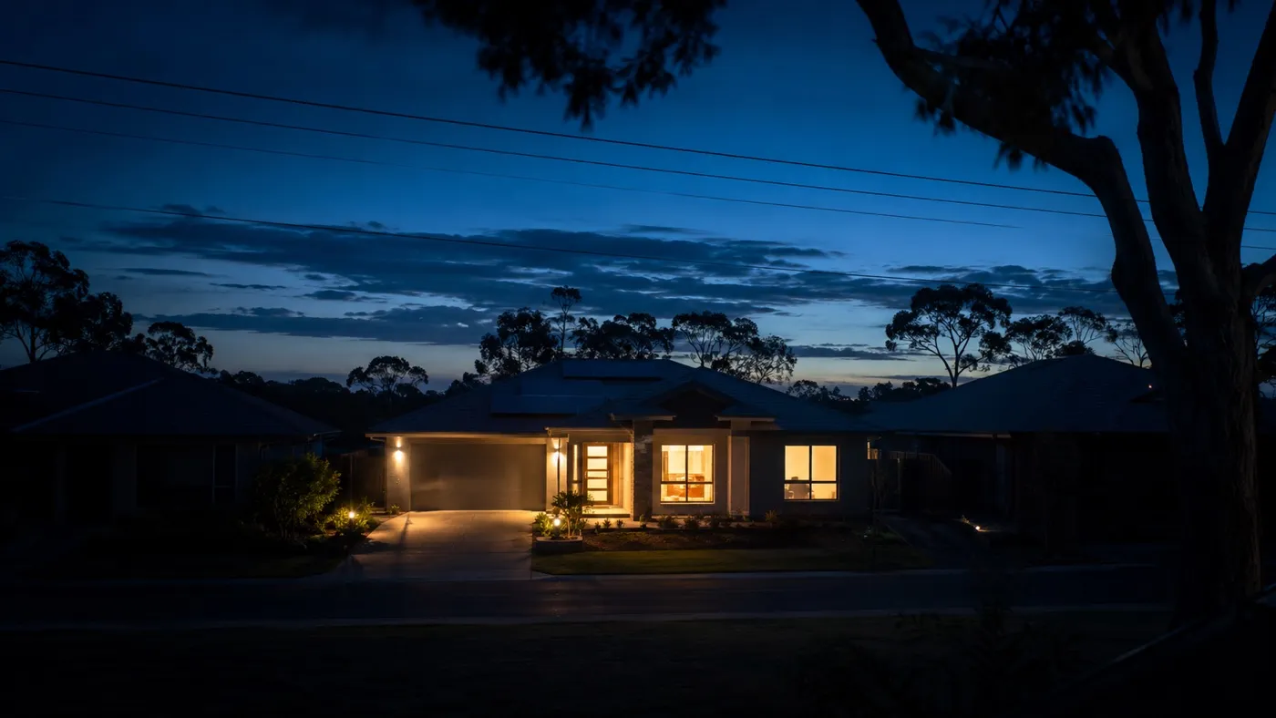 Australian home with solar and battery backup at dusk